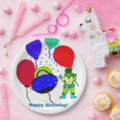 Happy Birthday Green Robot Boy Blue Spaceship Papieren Bordje (Feest)