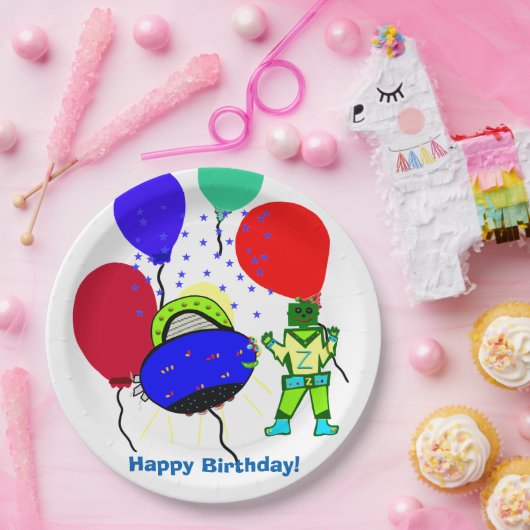 Happy Birthday Green Robot Boy Blue Spaceship Papieren Bordje (Feest)
