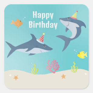 Happy Birthday Grote witte haai Cartoon Vierkante Sticker
