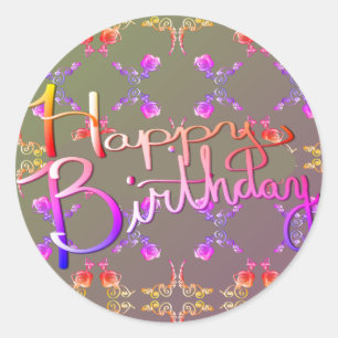 "Happy Birthday!"Handgeschreven Roos Hearts Grey C Ronde Sticker