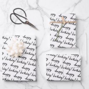 HAPPY BIRTHDAY Handlettering Pattern Black White Inpakpapier Vel