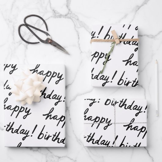 HAPPY BIRTHDAY Handlettering Pattern Black White Inpakpapier Vel (Voorkant)