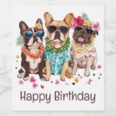 Happy Birthday Hawaiian French Bulldogs Flower Lei Wijn Etiket (Enkel label)