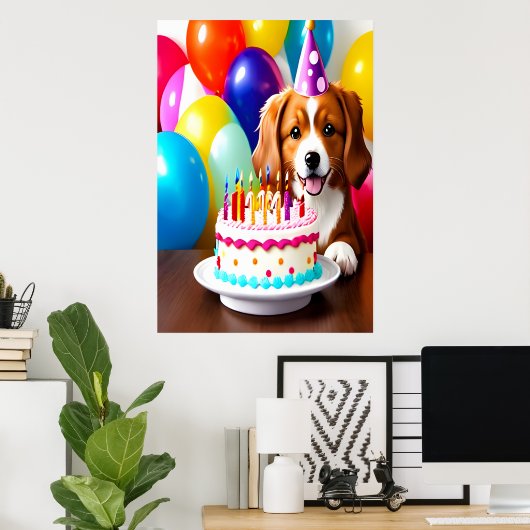 Happy Birthday, hond en cake | AI Art Poster (Thuiskantoor)