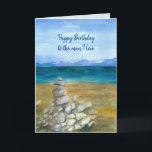 Happy Birthday Husband Lake Zen Rocks<br><div class="desc">A "Happy Birthday to the man I love" greeting card decorated with a mountain lake with zen rocks stacked on the beach painted in watercolor. Inspired by a early spring scene from Lake Tahoe south shore.  You can edit the message to fit your needs.</div>
