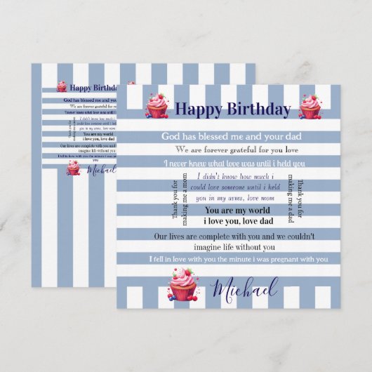 Happy Birthday Invitation Blue & White Stripe  (Devant / Derrière)