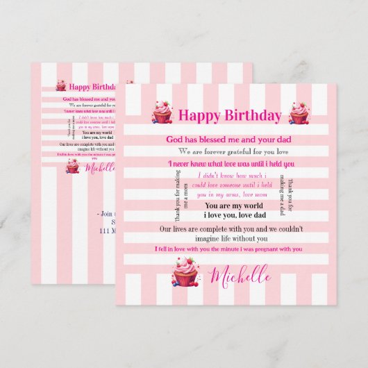 Happy Birthday Invitation Pink & White Stripe (Devant / Derrière)