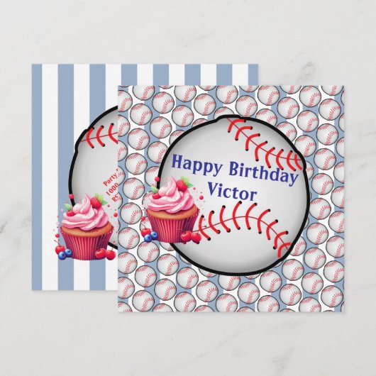 Happy Birthday Invitation Stripe Blue Baseball Kaart (Voorkant / Achterkant)