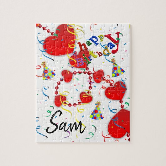 Happy Birthday Jigzaag Puzzle Red Hearts Legpuzzel (Verticaal)