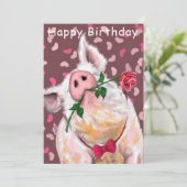 Happy Birthday Kaart Funny Gentleman Pig met Roos (Staand voorkant)