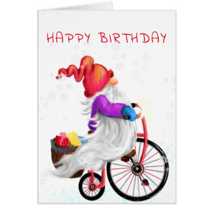 Happy Birthday Kaart Gnome met Bike en Gifts