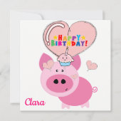 Happy Birthday Kaart Invitation Pink Pig (Voorkant)