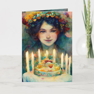 Happy Birthday, kaart met meisje en mooie cake