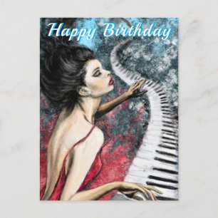 Happy Birthday Kaart Piano Music Lady in Red
