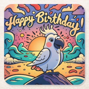 Happy Birthday Kleurrijke Parrot Bird Vierkante Kartonnen Onderzetter