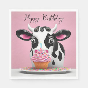 Happy Birthday Koe met cupcake op roze Servet