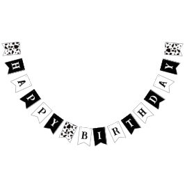 Happy Birthday Koe Print Zwart en Wit Vlaggetjes