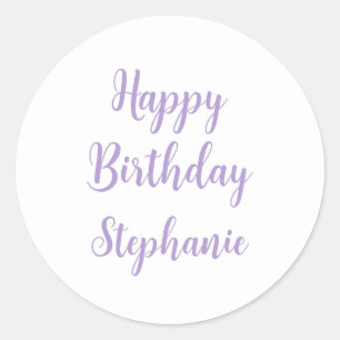 Happy Birthday Lavendel Paarse Custom Name Elegant Ronde Sticker