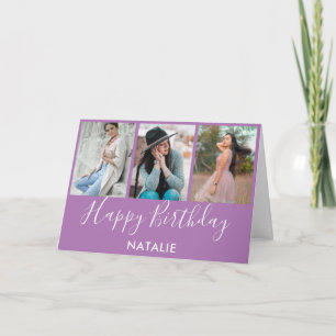 Happy Birthday Lavender en White 3 Photo Collage Kaart