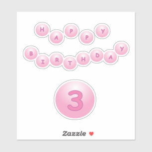Happy Birthday Leeftijd 3 Roze Bouncy Balls Sticke Sticker
