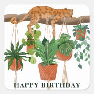 Happy Birthday, Leopard slaapt met huisdieren plan Vierkante Sticker