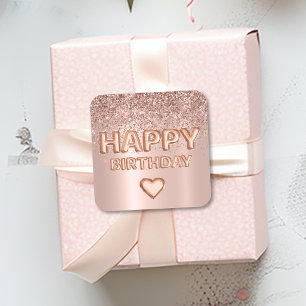 Happy Birthday Letter Balloon Roos Gold Heart Vierkante Sticker