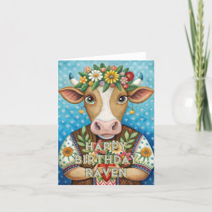 Happy Birthday Leuke koe Bloemen Foldet Card Bedankkaart