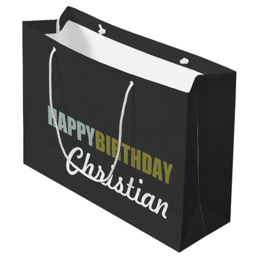 Happy Birthday Linen Grey Personalized Large Cadeautasje (Voorkant Gekanteld)
