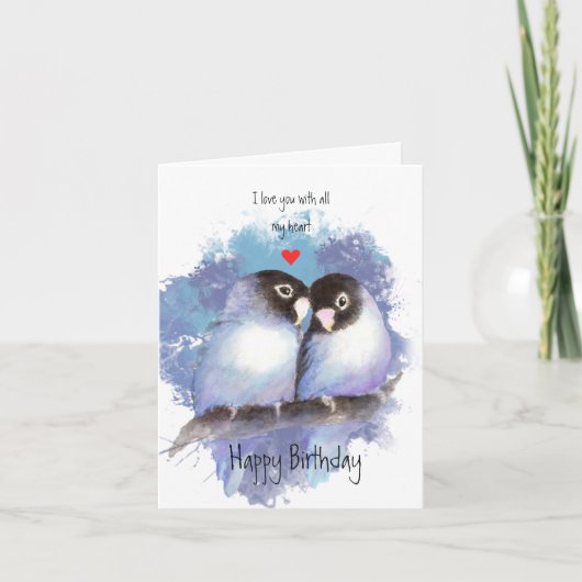 Happy Birthday Love Blue Lovebirds Vogelkunst Bedankkaart (Voorkant)