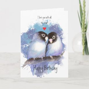 Happy Birthday Love Blue Lovebirds Vogelkunst Feestdagen Kaart