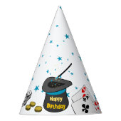 Happy Birthday Magic Show Zwart Wit Blauw Kinder Feesthoedjes (Voorkant)