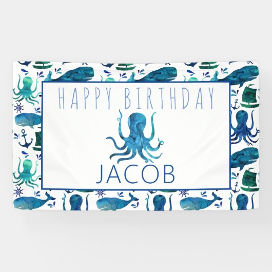 Happy Birthday Marine Nautical Octopus Ocean Kinde Spandoek (Horizontaal)