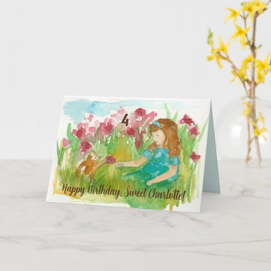 Happy Birthday Meisje Kitten Aangepaste Leeftijd N Kaart (Gele Bloem)
