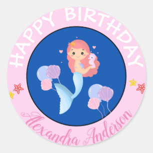 Happy Birthday Mermaid Name Baby Roze Ronde Sticker