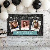 Happy Birthday met 3 foto's - kan achterkleur bewe Spandoek