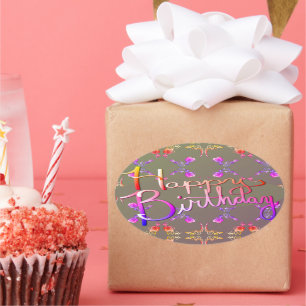 "Happy Birthday!" Met de hand geschreven Roos maak Ovale Sticker