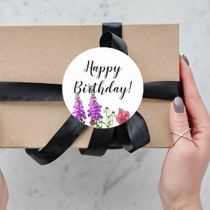 Happy Birthday met paarse zomerbloemen Ronde Sticker