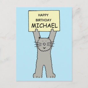 Happy Birthday Michael Cartoon Gray Cat Briefkaart