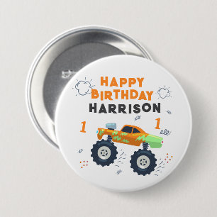 Happy Birthday Modern Monster Car Trucks Name Ronde Button 7,6 Cm