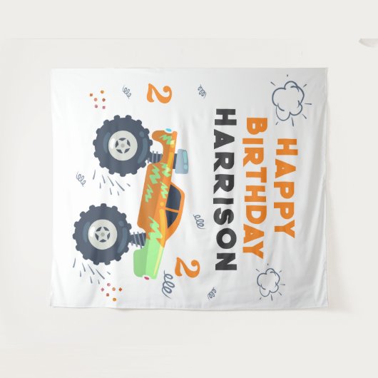 Happy Birthday Modern Monster Car Trucks Name Wandkleed (Voorkant (horizontaal))