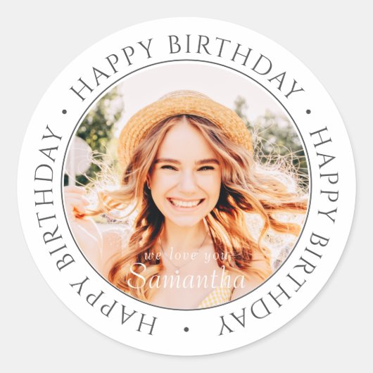 Happy Birthday Modern Simple Custom Photo Ronde Sticker (Voorkant)