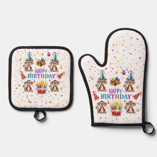 Happy Birthday Monkey Oven Mitt and Pot Holder Ovenwant & Pannenlap Set (Voorkant)