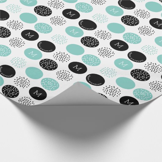 Happy Birthday Monogram Circles Aqua Stippen Wrap Cadeaupapier (Hoek)