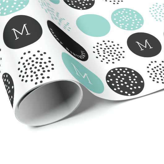 Happy Birthday Monogram Circles Aqua Stippen Wrap Cadeaupapier (Rol Hoek)