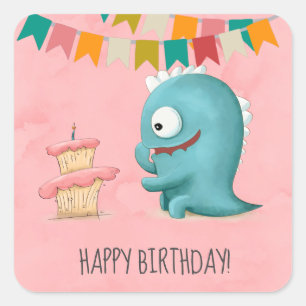 Happy Birthday Monster en Cake Vierkante Sticker