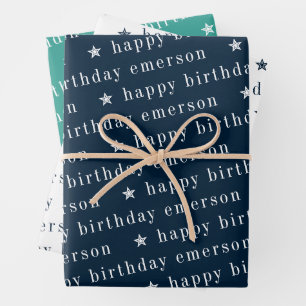 Happy Birthday Name Pattern Blue Blauwgroen Inpakpapier Vel