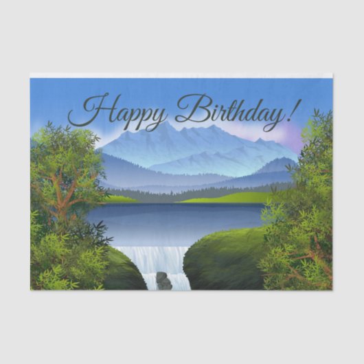 Happy Birthday Natuur Mountain Landscape Waterval Tissuepapier (Voorkant)