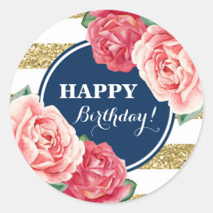Happy Birthday Navy Blauw Goud Strepen Roze Bloeme Ronde Sticker