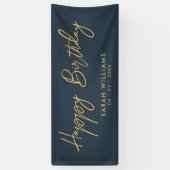 Happy Birthday Navy Blue Gold Modern Script Spandoek (Verticaal)
