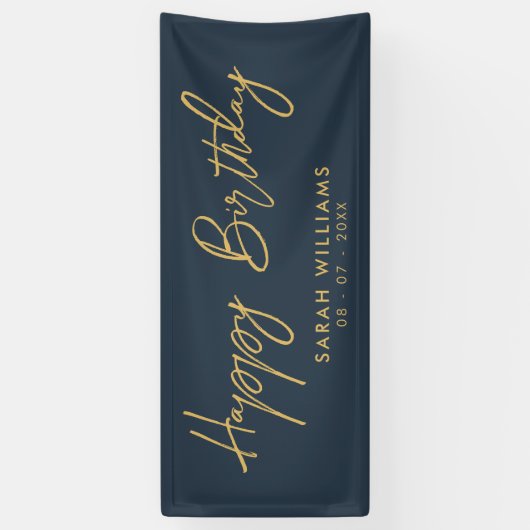 Happy Birthday Navy Blue Gold Modern Script Spandoek (Verticaal)